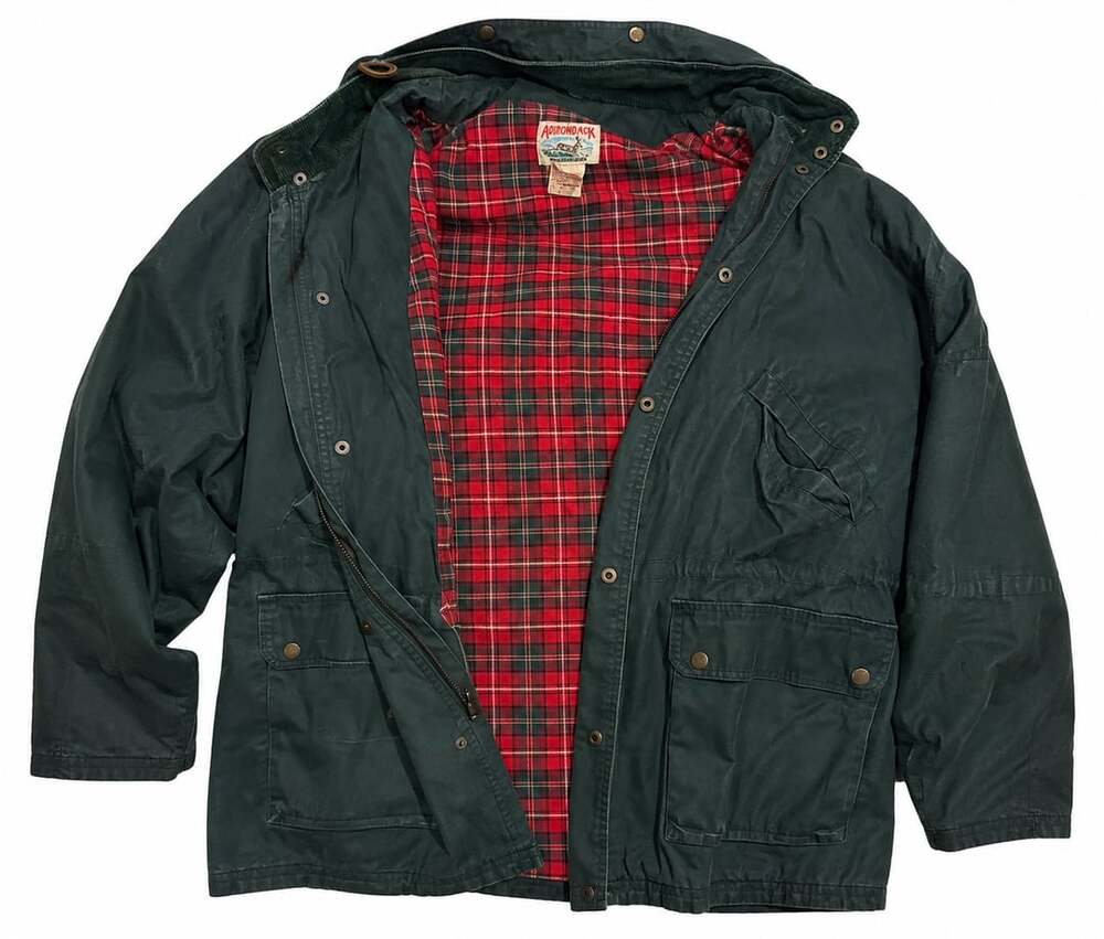 Vintage Adirondack Men’s Green Field Jacket Plaid Lined Corduroy Collar Outdoor